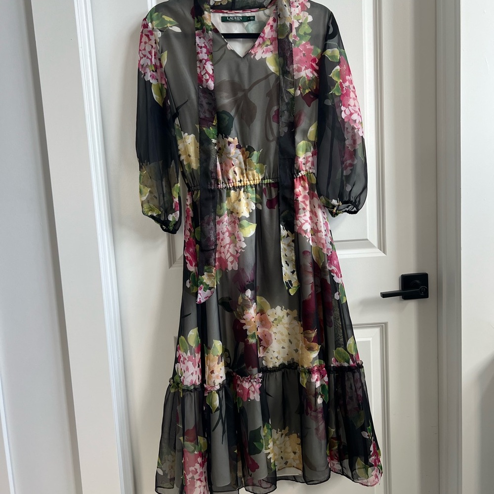 Ralph Lauren Sheer Floral Midi Dress in Black with Pink Blooms